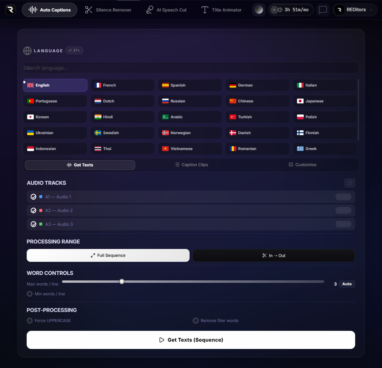 Auto Caption plugin for Premiere Pro – animated word-level subtitles in 27 languages